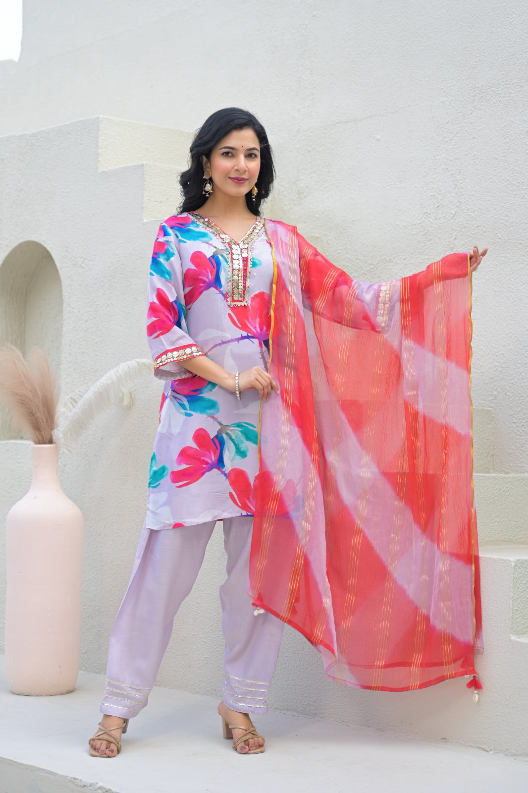 Floral Printed Beautiful Golden Neck Line Full Suit Set With Dupatta In Muslin Fabric- 12891