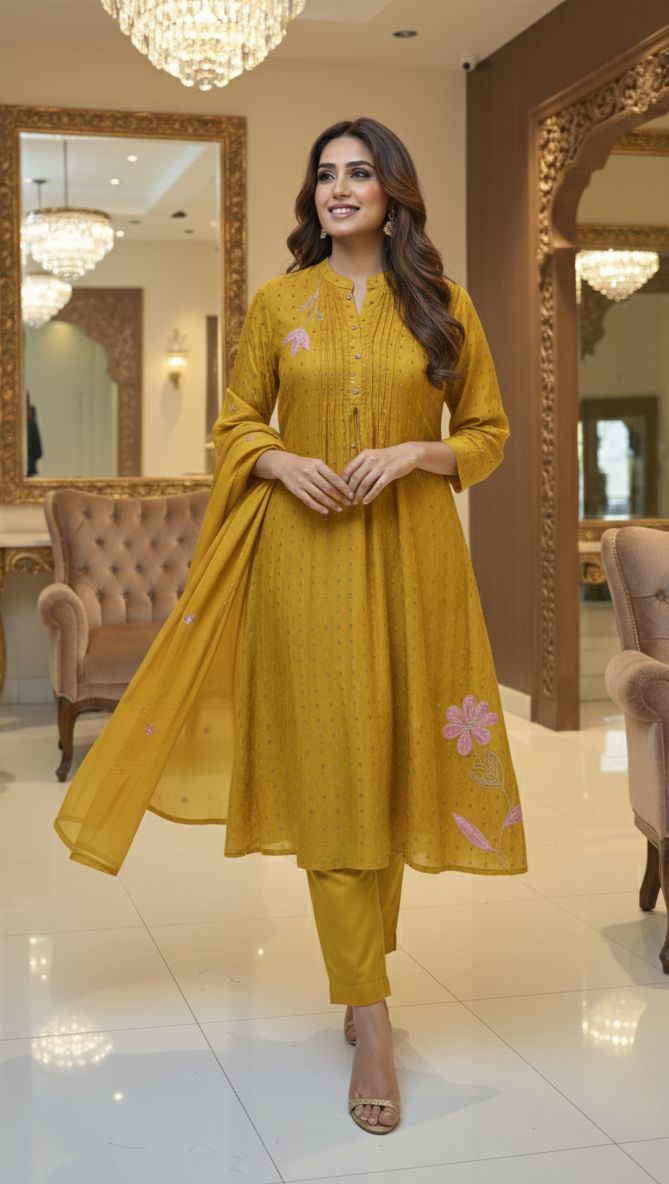 Banarasi Scattered Golden Touch Leafy Thread Embroidery A-Line Full Suit Set With Dupatta- 12937