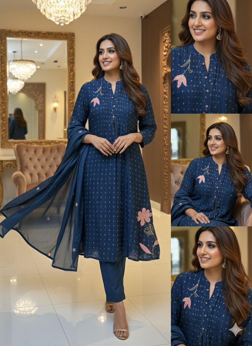 Banarasi Scattered Golden Touch Leafy Thread Embroidery A-Line Full Suit Set With Dupatta- 12937