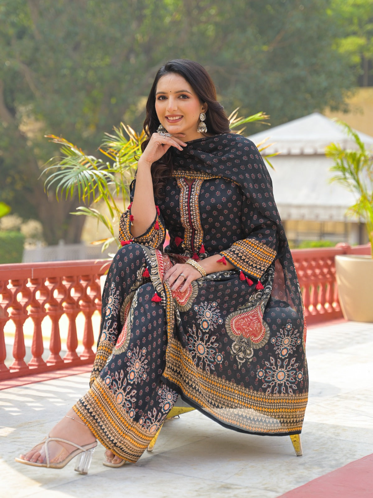 Ajrak Print Unique Neck Line Tasseled Full Suit Set With Dupatta In Crepe Fabric- 12811