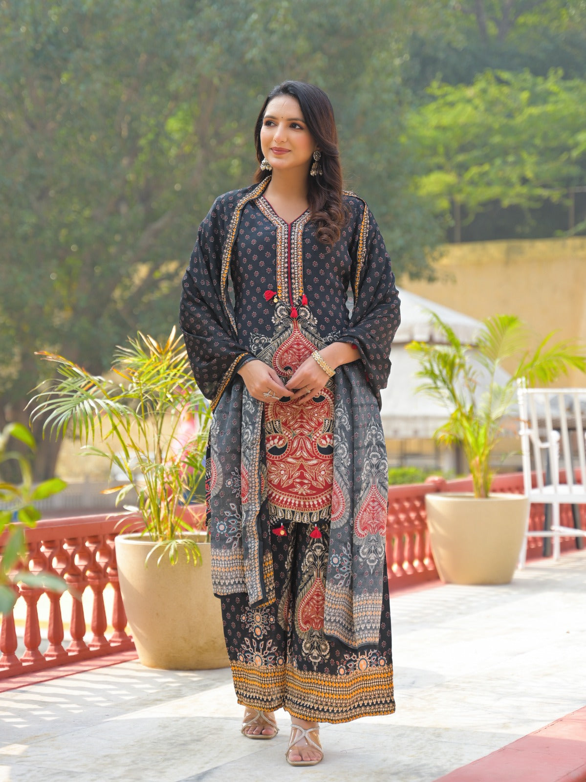 Ajrak Print Unique Neck Line Tasseled Full Suit Set With Dupatta In Crepe Fabric- 12811