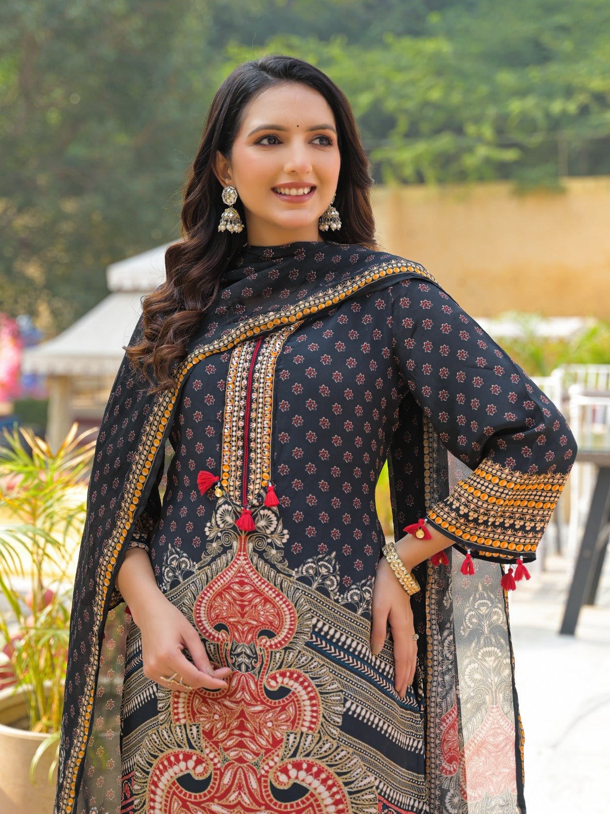 Ajrak Print Unique Neck Line Tasseled Full Suit Set With Dupatta In Crepe Fabric- 12811