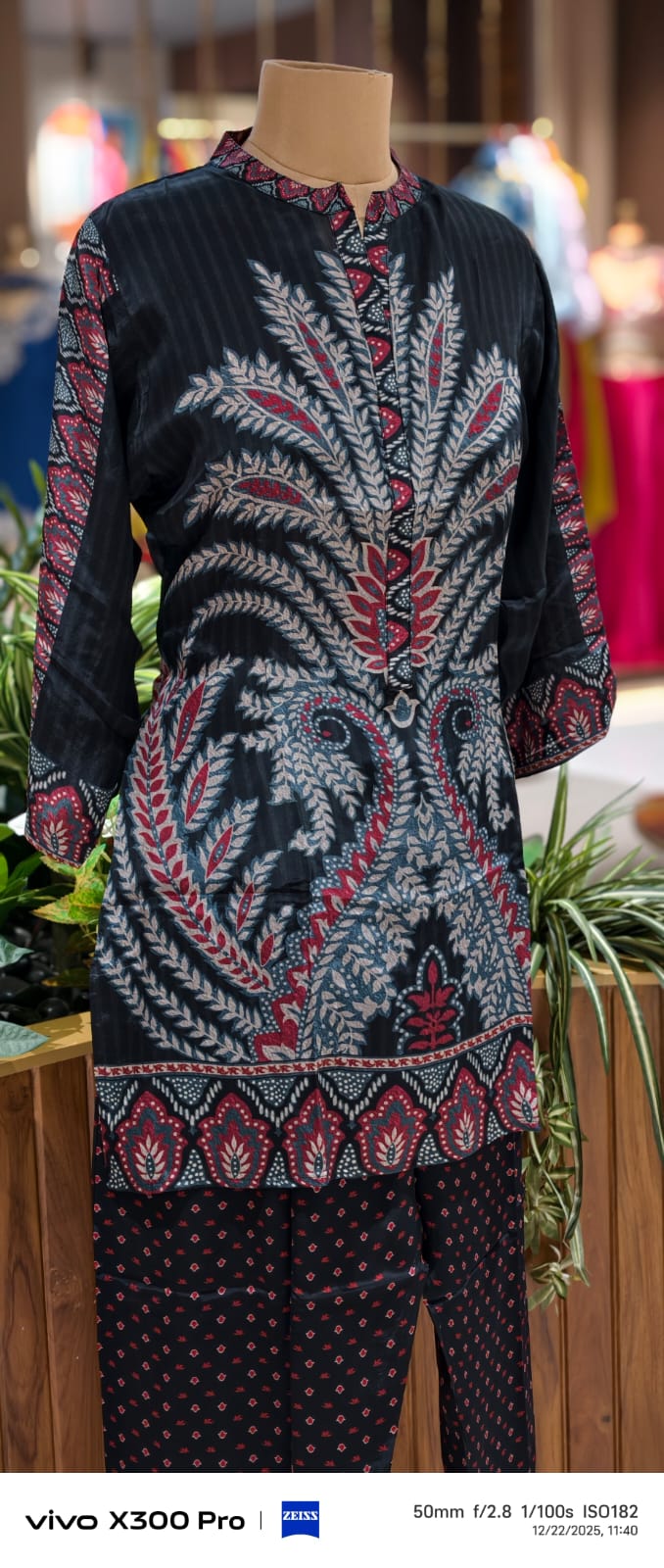 Multi Prints Folk Art Mandarin Collar Kurta Pant Set In Crepe Fabric- 12952