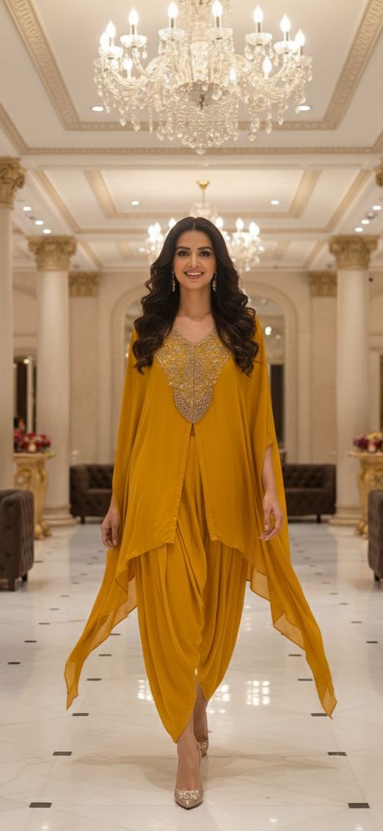 Mughal Golden Grace Embroidered Chinon Cape With Padded Buster & Tulip Bottom- 12876