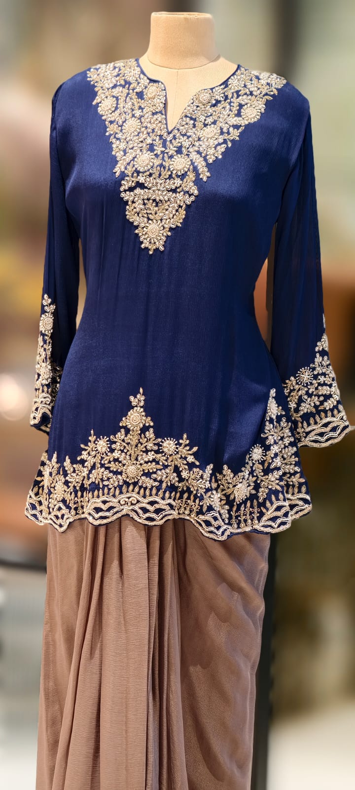 Dual Color Combination Stylish Handwork Short Length Kurta With Drape Skirt- 12972