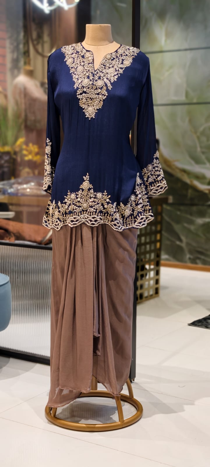 Dual Color Combination Stylish Handwork Short Length Kurta With Drape Skirt- 12972