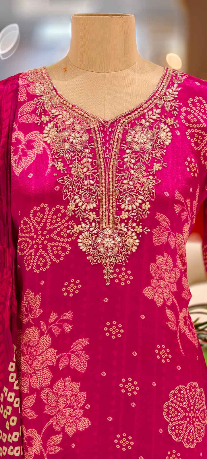 Beautiful Heavy Neck Work Floral Printed A-Line Full Suit Set With Dupatta In Chinon Fabric- 12961