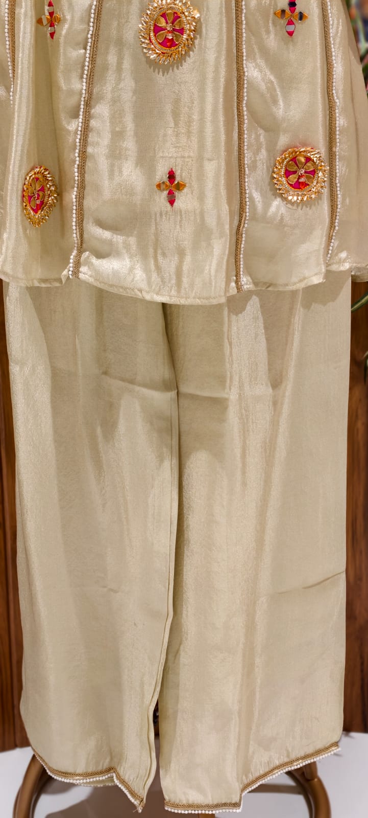 Gotta With Real Mirror Elegance Vibrant Embroidery Work A-Line Kurta Pant Set In Tissue Fabric-12999