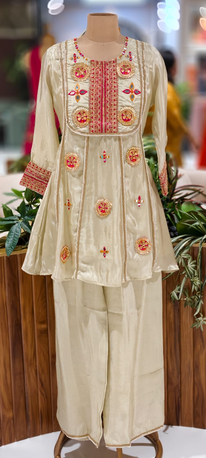 Gotta With Real Mirror Elegance Vibrant Embroidery Work A-Line Kurta Pant Set In Tissue Fabric-12999