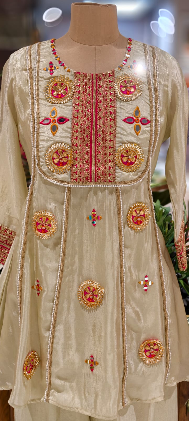 Gotta With Real Mirror Elegance Vibrant Embroidery Work A-Line Kurta Pant Set In Tissue Fabric-12999