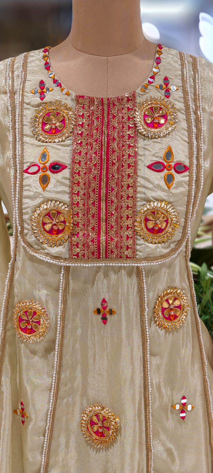 Gotta With Real Mirror Elegance Vibrant Embroidery Work A-Line Kurta Pant Set In Tissue Fabric-12999