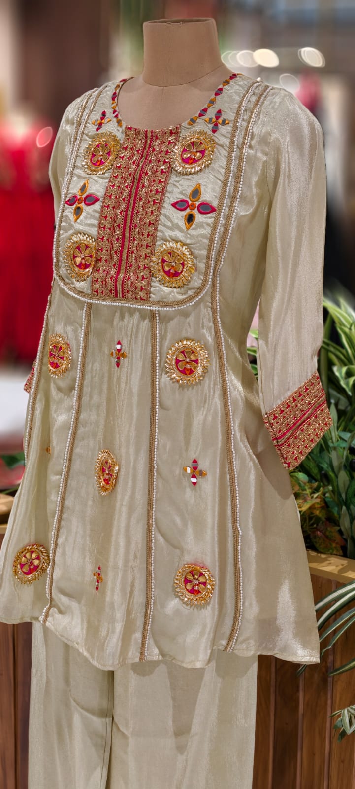 Gotta With Real Mirror Elegance Vibrant Embroidery Work A-Line Kurta Pant Set In Tissue Fabric-12999