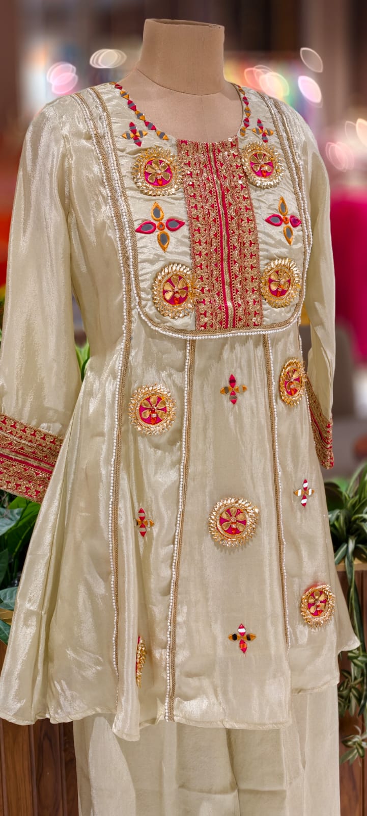 Gotta With Real Mirror Elegance Vibrant Embroidery Work A-Line Kurta Pant Set In Tissue Fabric-12999