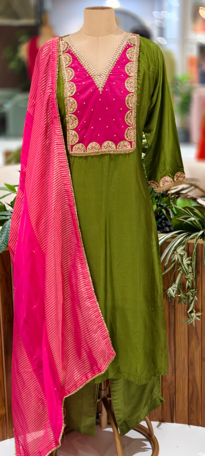 Attractive Yoke A-Line Full Suit Set With Golden Striped Dupatta In Dola Silk Fabric- 12997