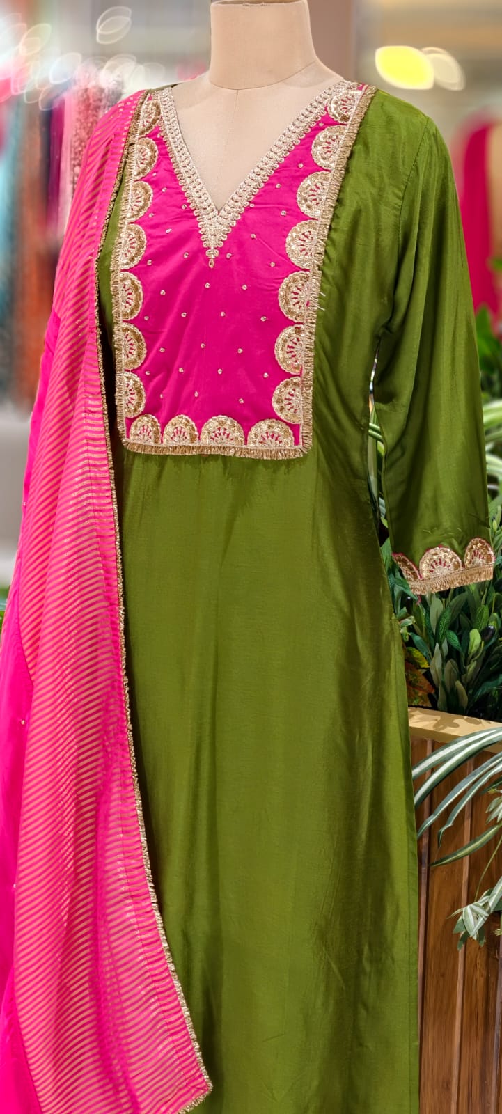 Attractive Yoke A-Line Full Suit Set With Golden Striped Dupatta In Dola Silk Fabric- 12997