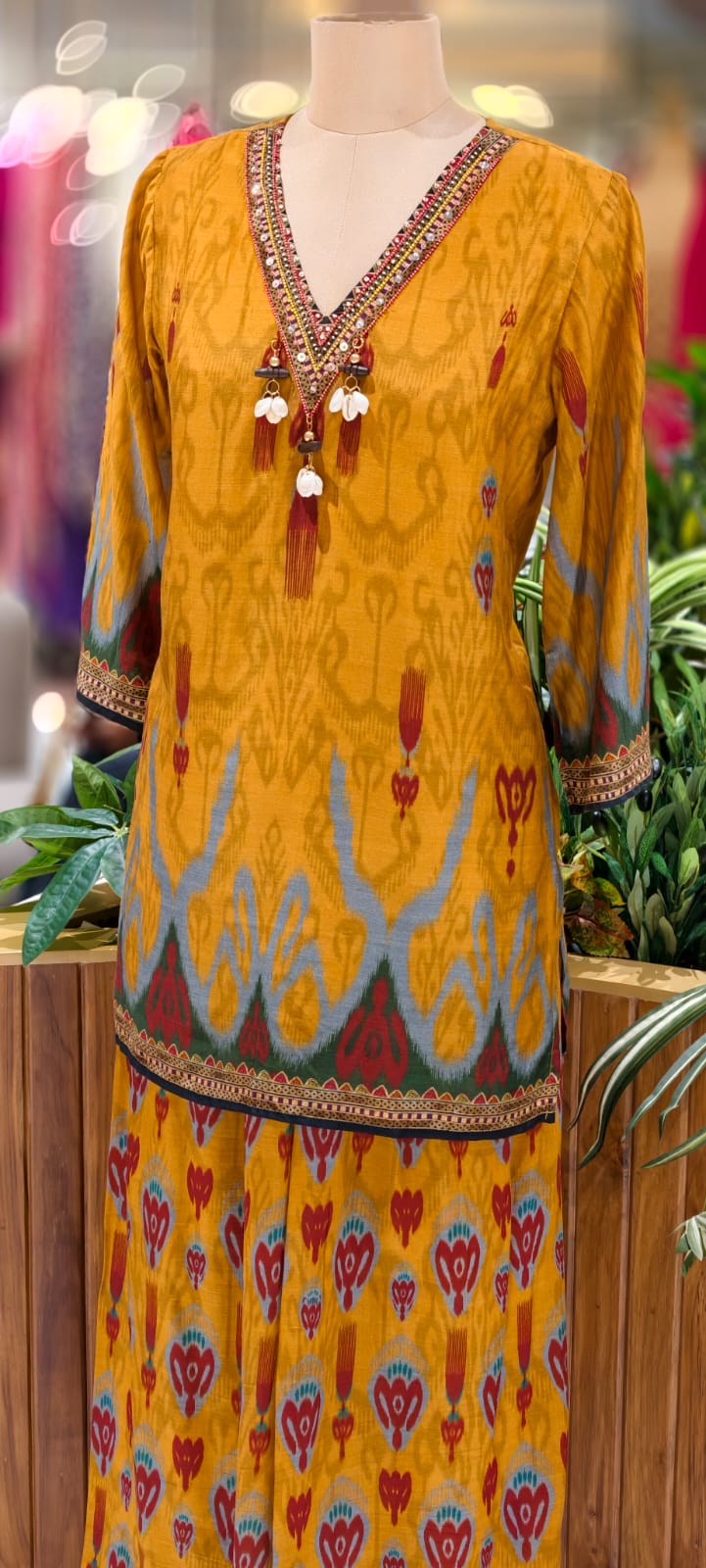 Folk Motif Mustard Ikat-Inspired Kurta Pant Set In Muslin Fabric- 12984