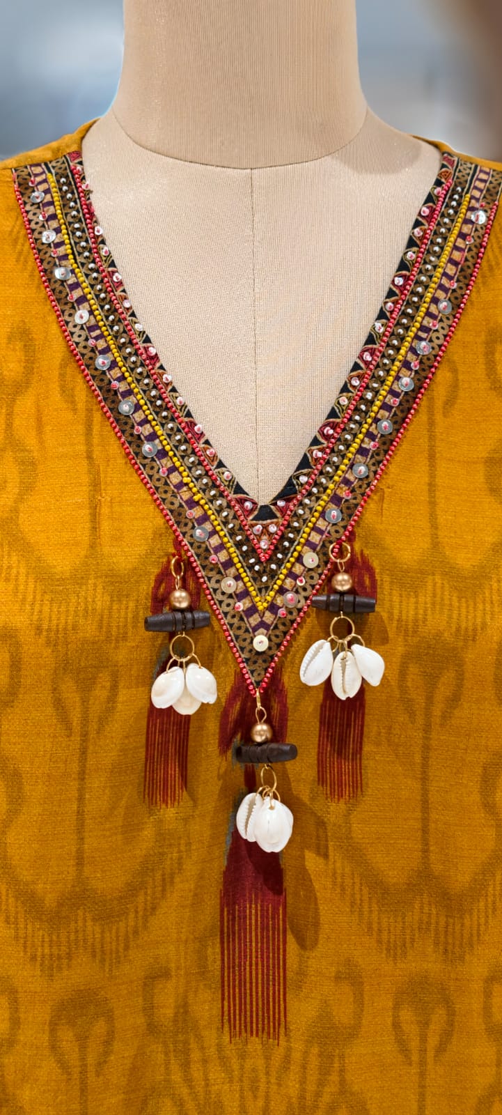 Folk Motif Mustard Ikat-Inspired Kurta Pant Set In Muslin Fabric- 12984