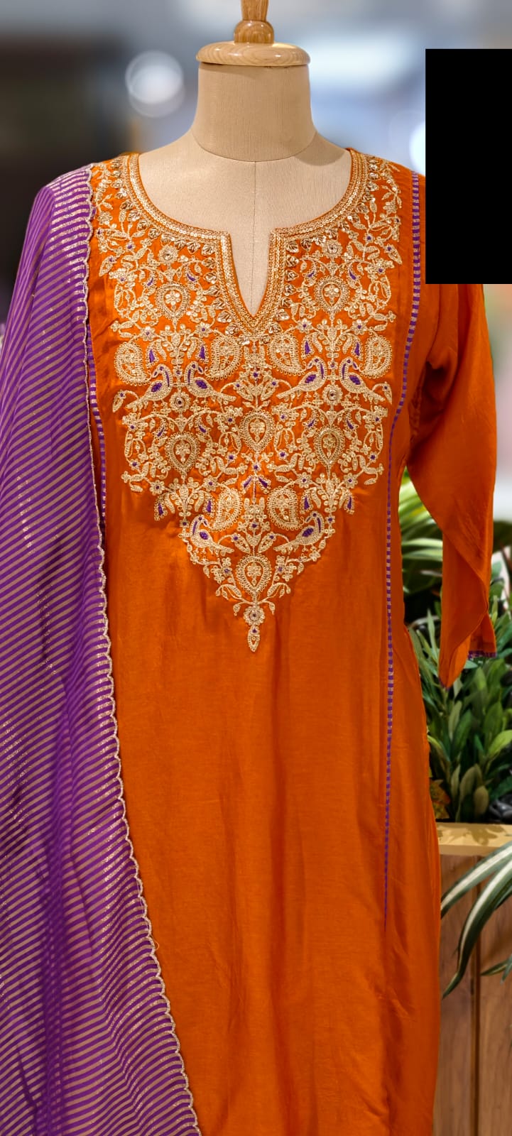 Purple Striped Zarina Yoke A-Line Full Suit Set With Dupatta In Dola Silk Fabric