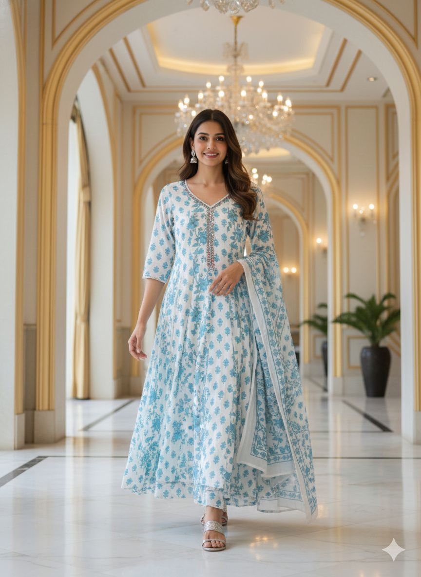 Foil Mirror Neck Line Floral Printed Panel Anarkali Full Suit Set With Dupatta In Mul Cotton Fabric- 12813