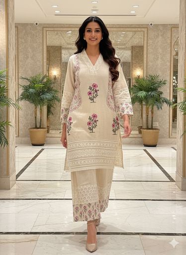Pastel Elegance Soft Tone Embroidery With Printed Kurta Pant Set In Flex Cotton Fabric- 13016