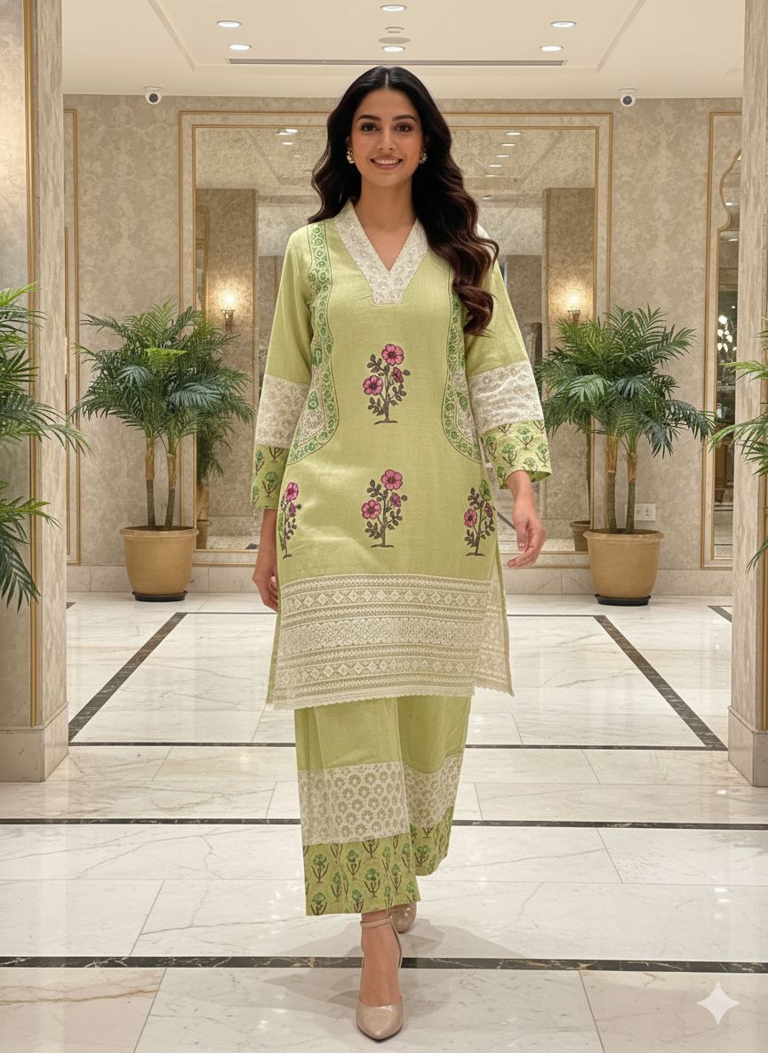 Pastel Elegance Soft Tone Embroidery With Printed Kurta Pant Set In Flex Cotton Fabric- 13016