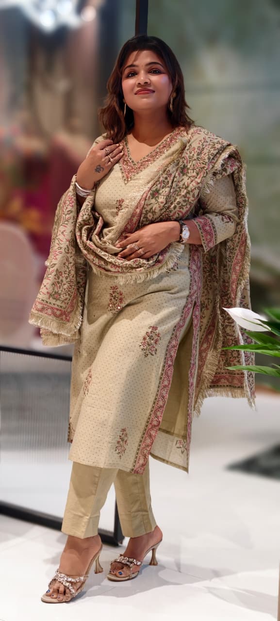 Mirror V-Neck Line Printed Chanderi Straight Full Suit Set With Dupatta- 13011