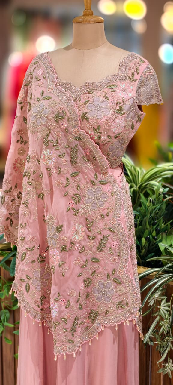 Very Elegant Look Floral Embroidered Cut-Work Designer Crop-Top With Palazzo Bottom & Tasseled Shrug- 12964 (Dispatching After 45 Days On Orders)