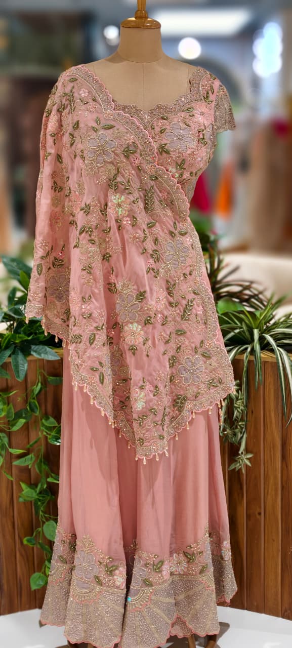 Very Elegant Look Floral Embroidered Cut-Work Designer Crop-Top With Palazzo Bottom & Tasseled Shrug- 12964 (Dispatching After 45 Days On Orders)