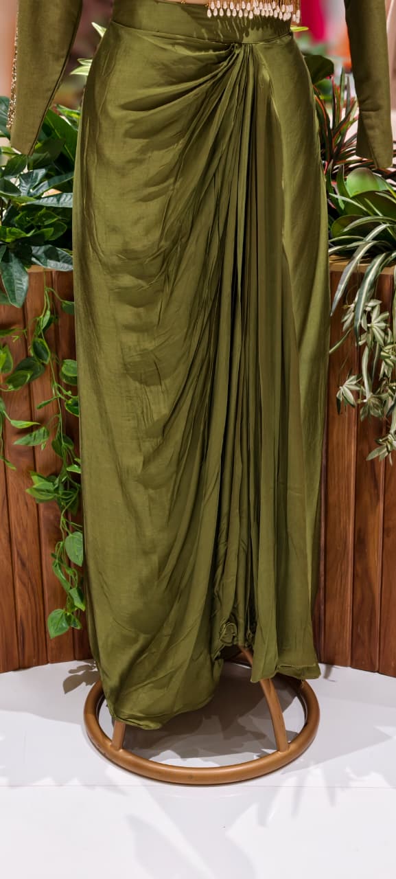 Designer Embroidered Tassled Crop Top With Crepe Drape Skirt DRYWASH (Dispatching After 45 Days On Orders)