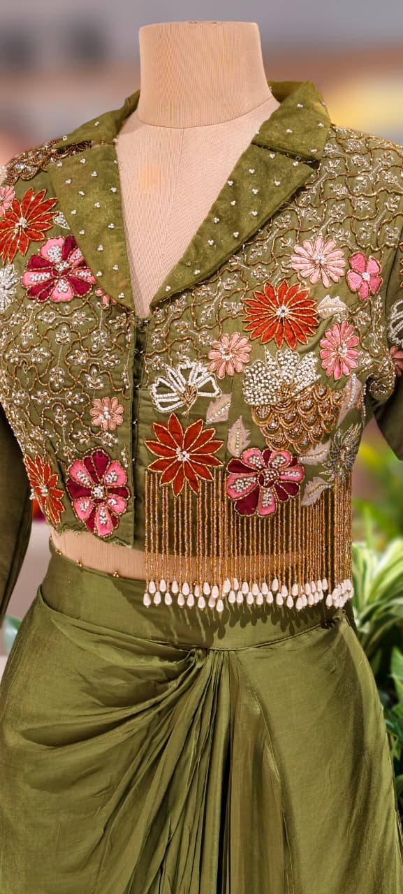 Designer Embroidered Tassled Crop Top With Crepe Drape Skirt DRYWASH (Dispatching After 45 Days On Orders)