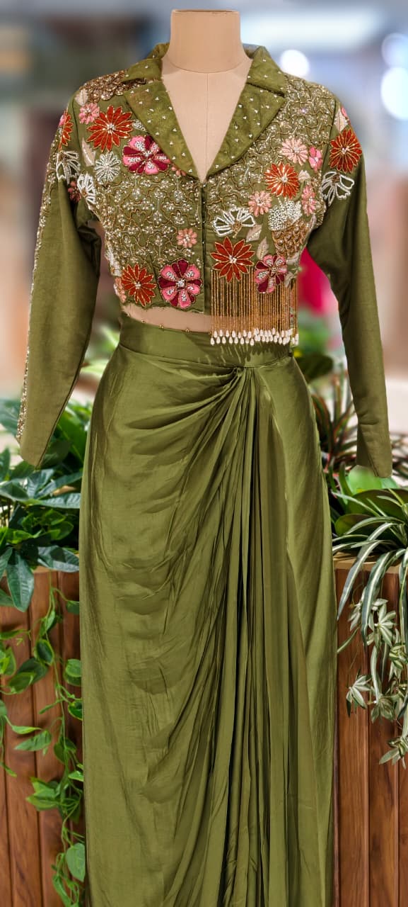 Designer Embroidered Tassled Crop Top With Crepe Drape Skirt DRYWASH (Dispatching After 45 Days On Orders)