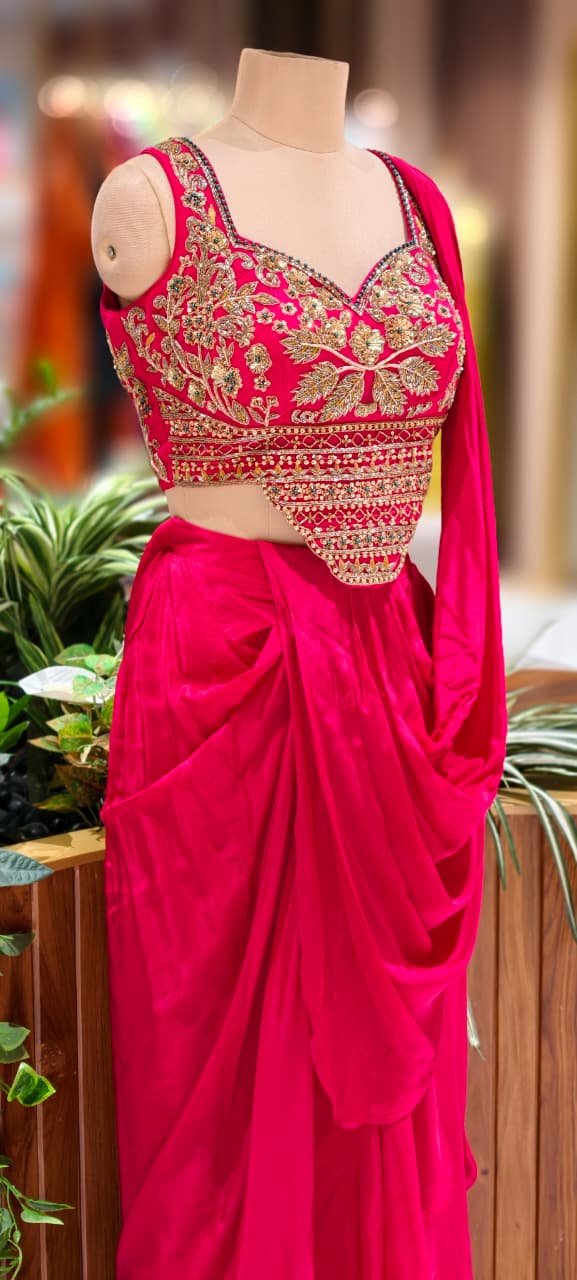 Fuchsia Blush Golden Unique Hand Worked Patterned Blouse With Flared Skirt With Attached Dupatta Look- 13032