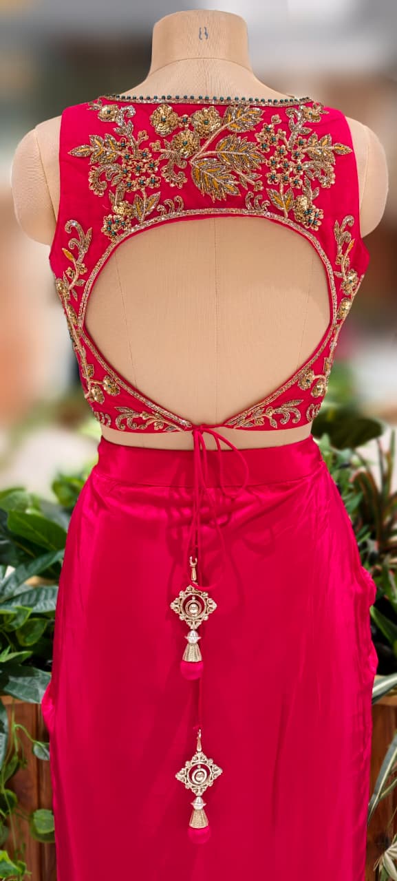 Fuchsia Blush Golden Unique Hand Worked Patterned Blouse With Flared Skirt With Attached Dupatta Look- 13032