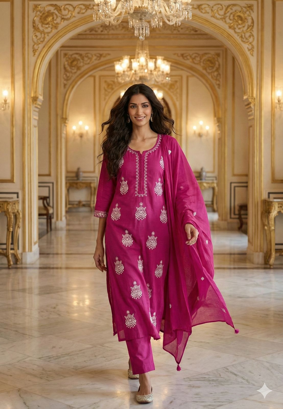 Pure Thread Embroidered Beautiful Neck Line Cotton Full Suit Set With Dupatta- 12934