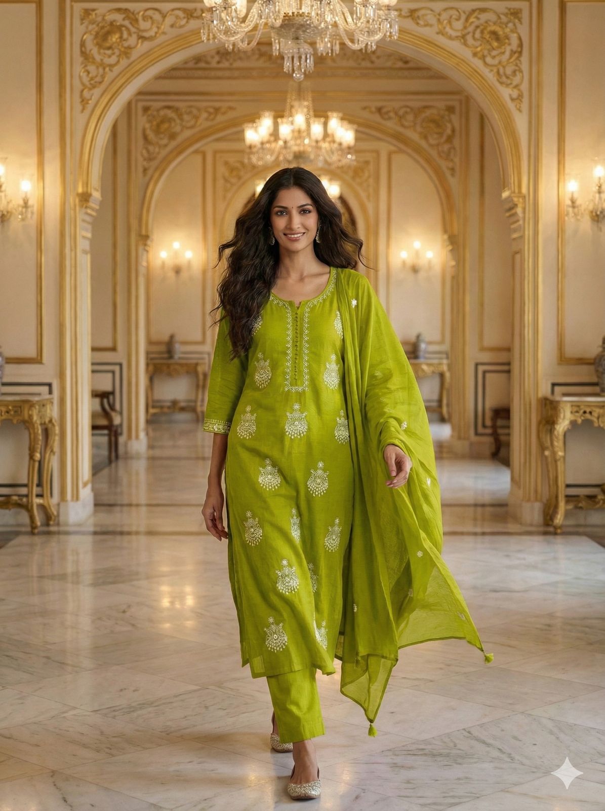 Pure Thread Embroidered Beautiful Neck Line Cotton Full Suit Set With Dupatta- 12934