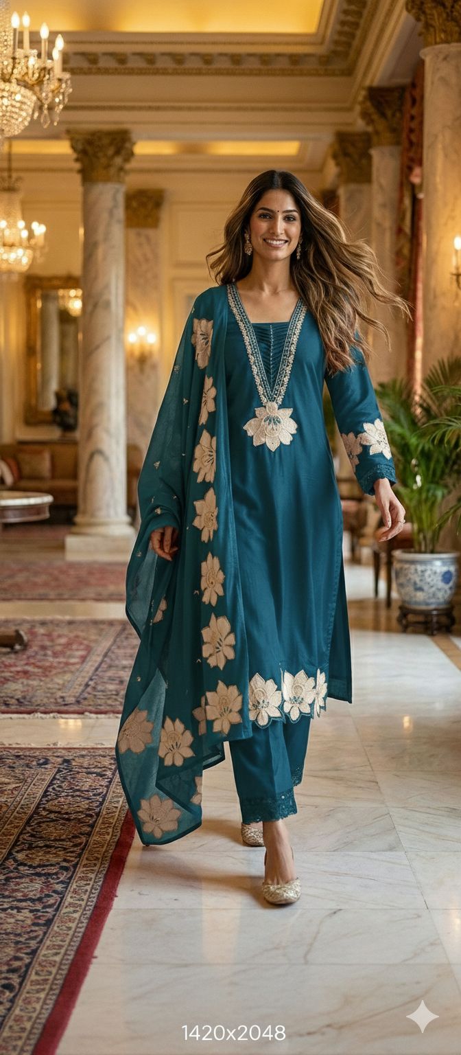 Floral Cut-Work Unique Pleated V-Neck Line Cotton Full Suit Set With Dupatta- 13007