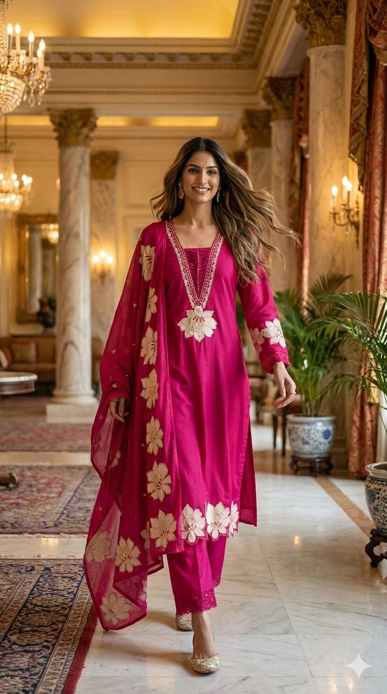 Floral Cut-Work Unique Pleated V-Neck Line Cotton Full Suit Set With Dupatta- 13007