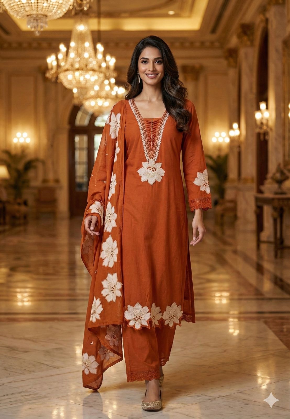 Floral Cut-Work Unique Pleated V-Neck Line Cotton Full Suit Set With Dupatta- 13007