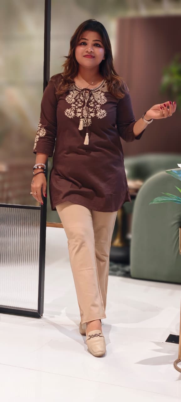 Beautifully Embroidered Thread Tasseled Cotton Short Kurti Only- 13018 (Dispatching After 12 Days)