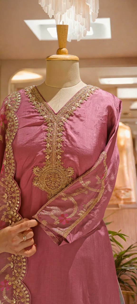 Kundan Look Golden Zardosi Work Cut-Work Grand Floral Dupatta Tissue Full Suit Set- 13050