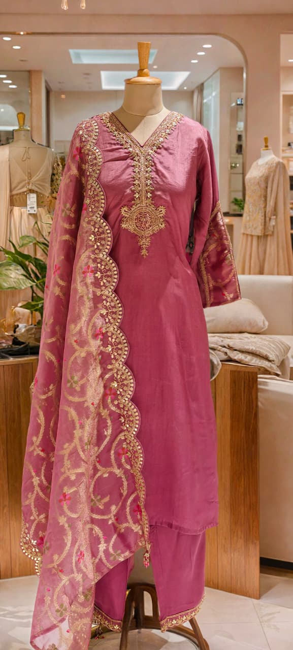 Kundan Look Golden Zardosi Work Cut-Work Grand Floral Dupatta Tissue Full Suit Set- 13050