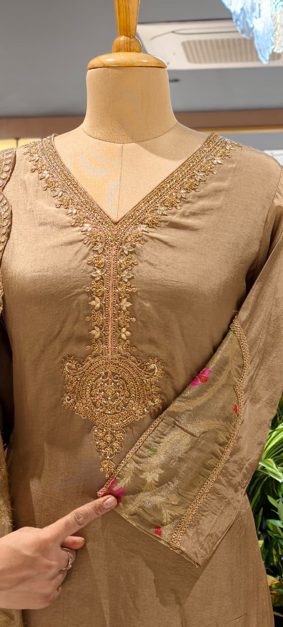 Kundan Look Golden Zardosi Work Cut-Work Grand Floral Dupatta Tissue Full Suit Set- 13050