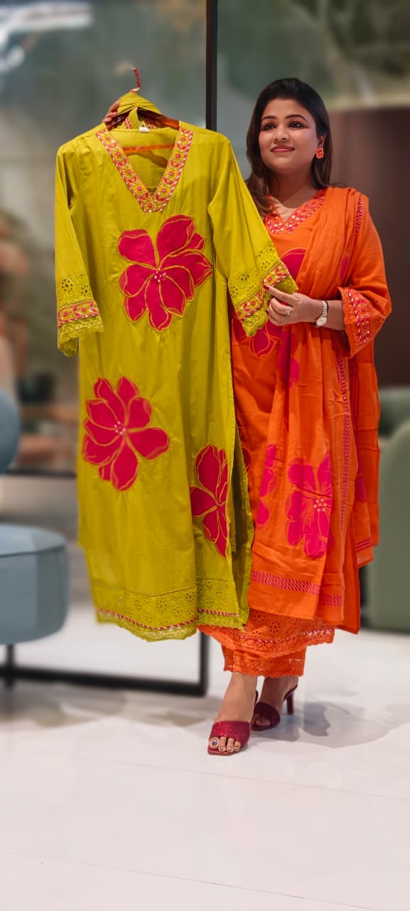 Beautiful Neck Line Giant Floral Embroidery Cotton Full Suit Set With Dupatta-13059