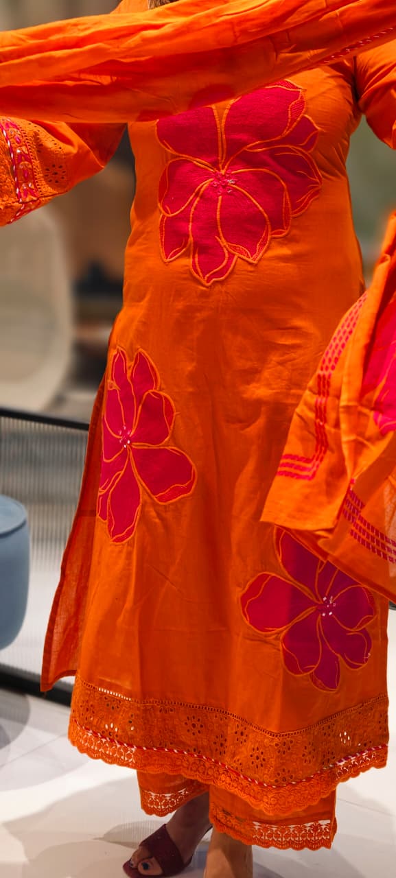 Beautiful Neck Line Giant Floral Embroidery Cotton Full Suit Set With Dupatta-13059