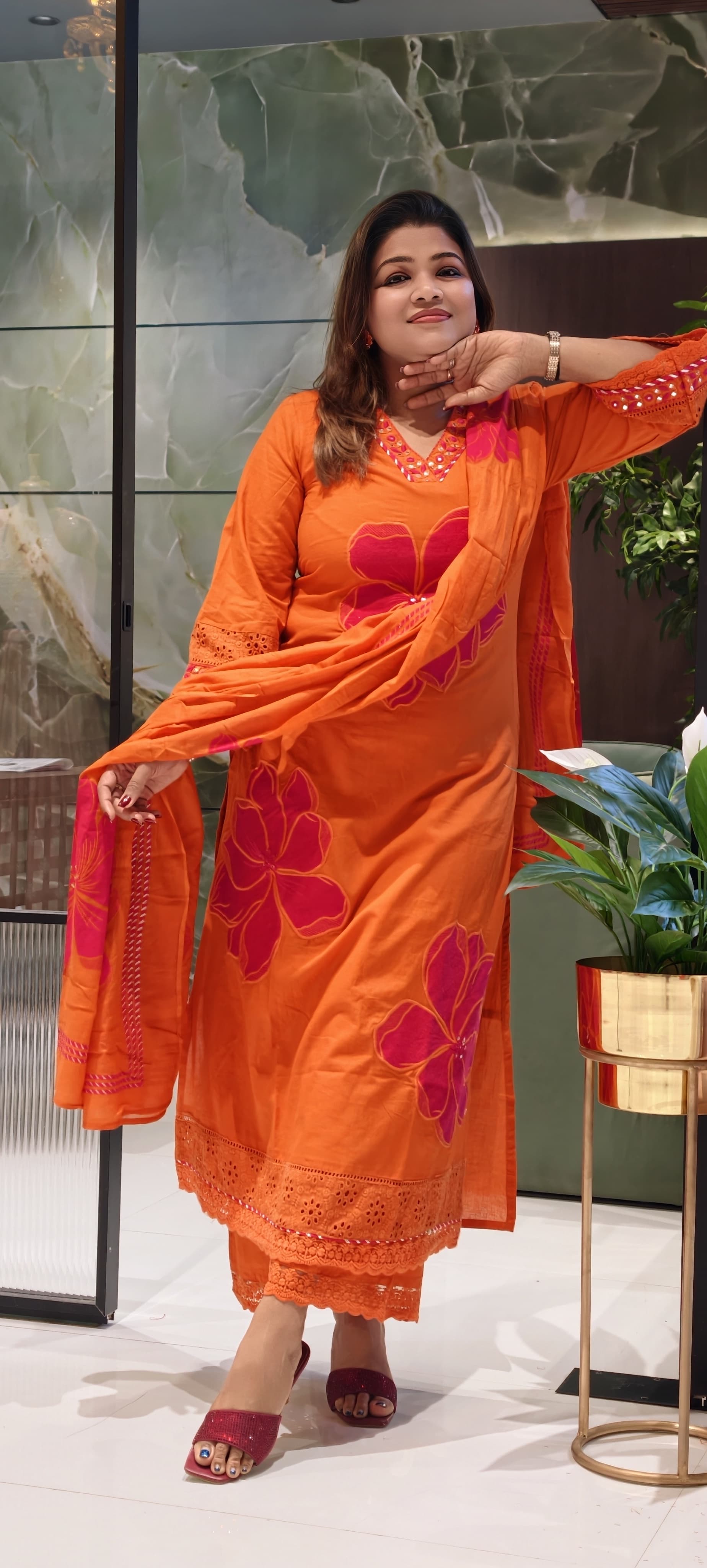 Beautiful Neck Line Giant Floral Embroidery Cotton Full Suit Set With Dupatta-13059