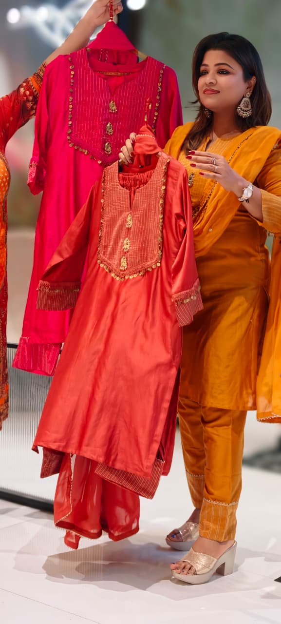 Broach Front Line Coin Tasseled Golden Bordered Full Suit Set With Dupatta In Pure Chanderi Fabric-13057