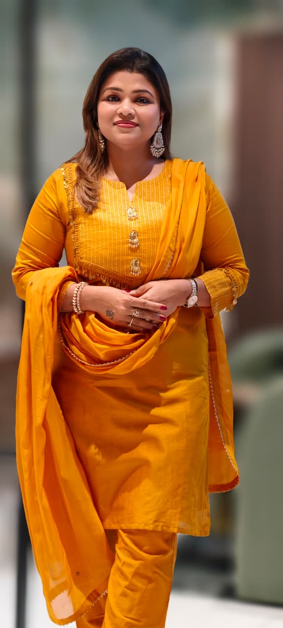 Broach Front Line Coin Tasseled Golden Bordered Full Suit Set With Dupatta In Pure Chanderi Fabric-13057