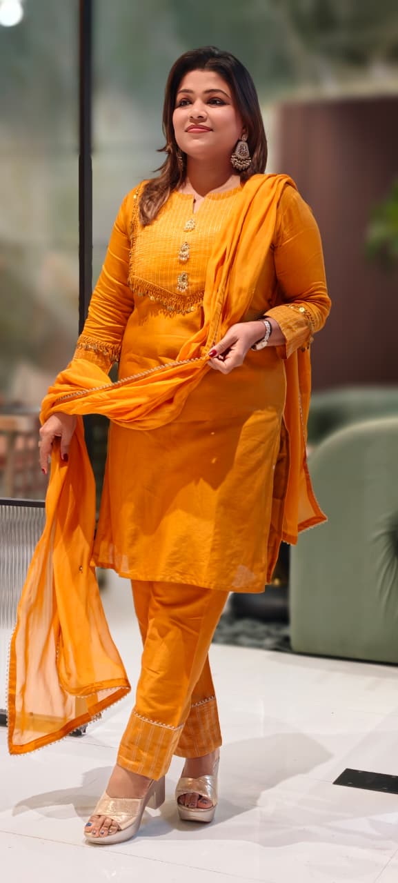 Broach Front Line Coin Tasseled Golden Bordered Full Suit Set With Dupatta In Pure Chanderi Fabric-13057