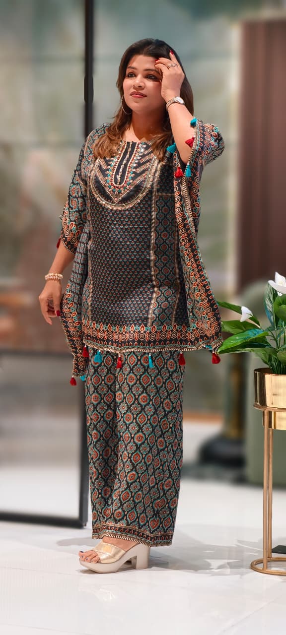 Ajrak Print Very Stylish Tasseled Kaftan Style Kurta With Loose Palazzo Bottom In Crepe Fabric-13067