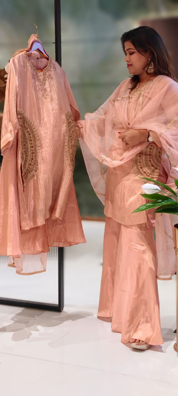 Fine Zardosi Work Golden Striped Full Suit Set With Tapered Palazzo Bottom & Dupatta In Tissue Fabric- 13056